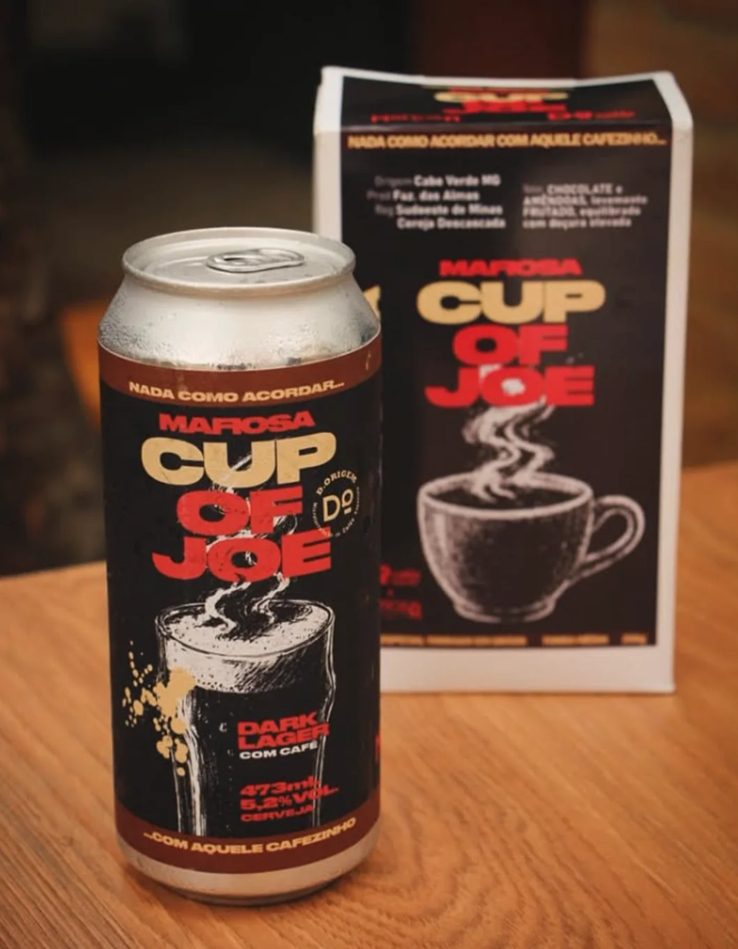 Lata de cerveja Dark Lager com café e caixa do kit Cup of Joe